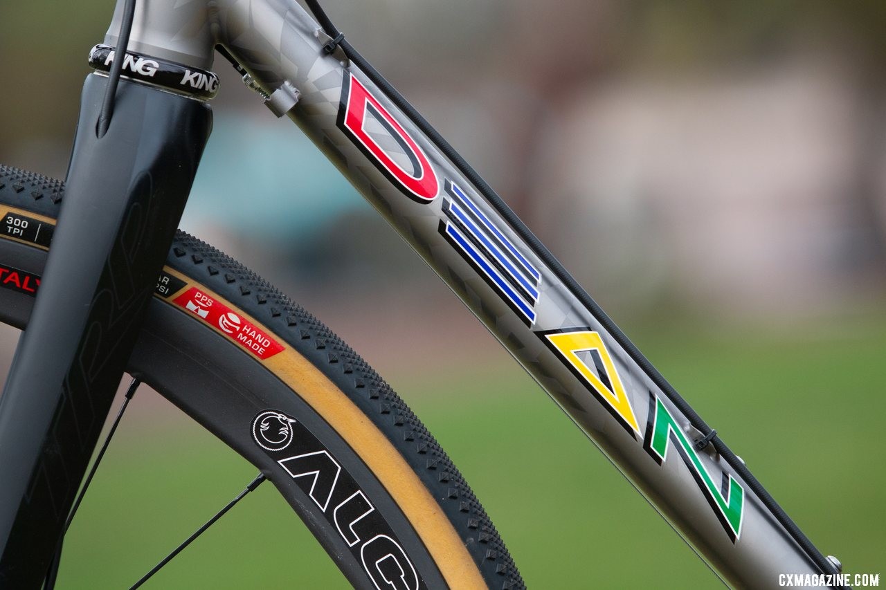 The Dean Bikes Team Edition titanium cyclocross featured the retro, four-color graphics. The cyclocross geometry serves up a little toe overlap with size 46 feet. © A. Yee / Cyclocross Magazine