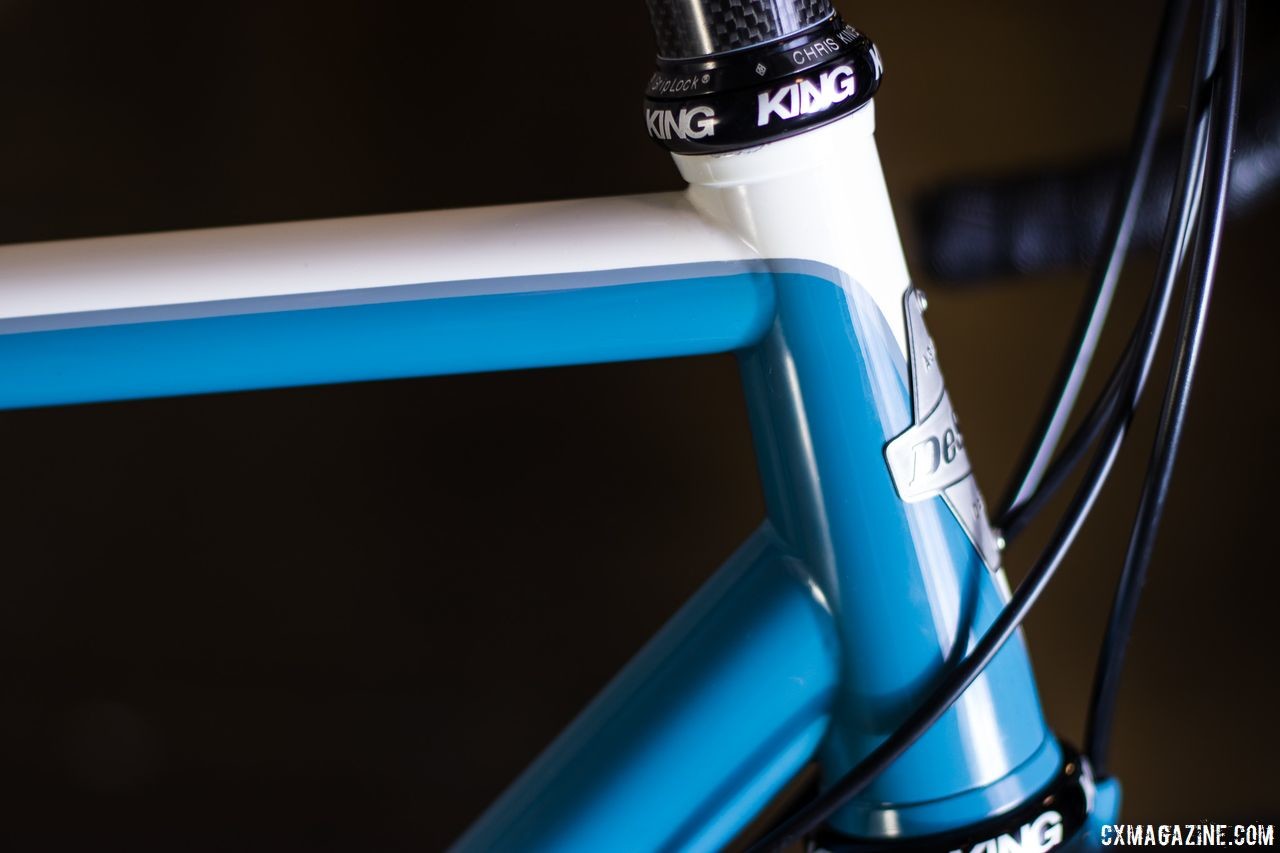 White and blue is one of the two colorways offered for the Curley bike. DeSalvo's 20th anniversary gravel bike. 2019 NAHBS Sacramento. © A. Yee / Cyclocross Magazine