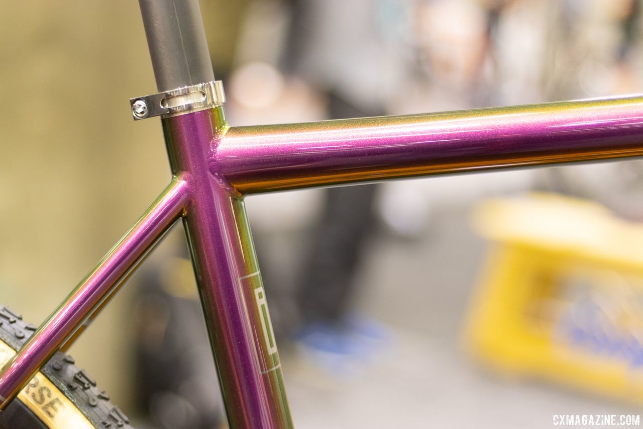 The titanium cyclocross bike was built with 3Al/2.5V titanium. Enigma titanium cyclocross bike. 2019 NAHBS Sacramento. © A. Yee / Cyclocross Magazine