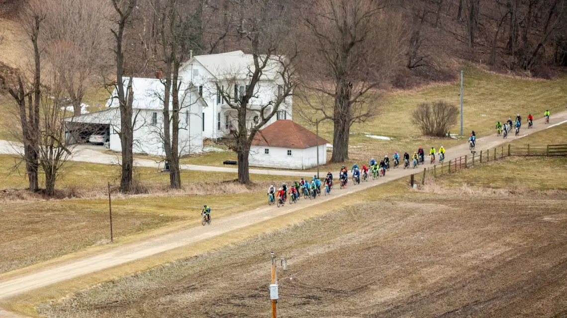 A lone rider goes off the front. 2019 Baitin' the Shark Gravel Race, Ohio. © Jen Adams, Limelight Studios