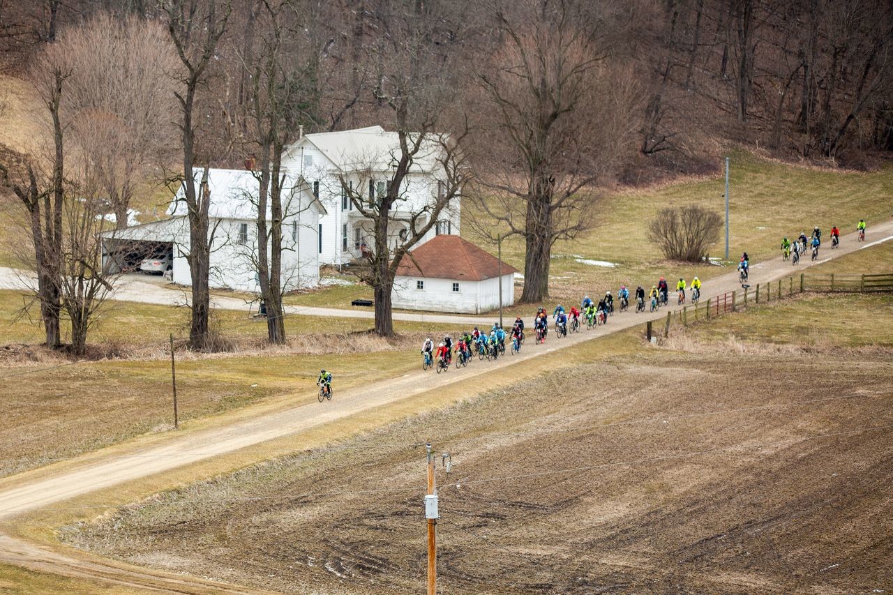 A lone rider goes off the front. 2019 Baitin' the Shark Gravel Race, Ohio. © Jen Adams, Limelight Studios