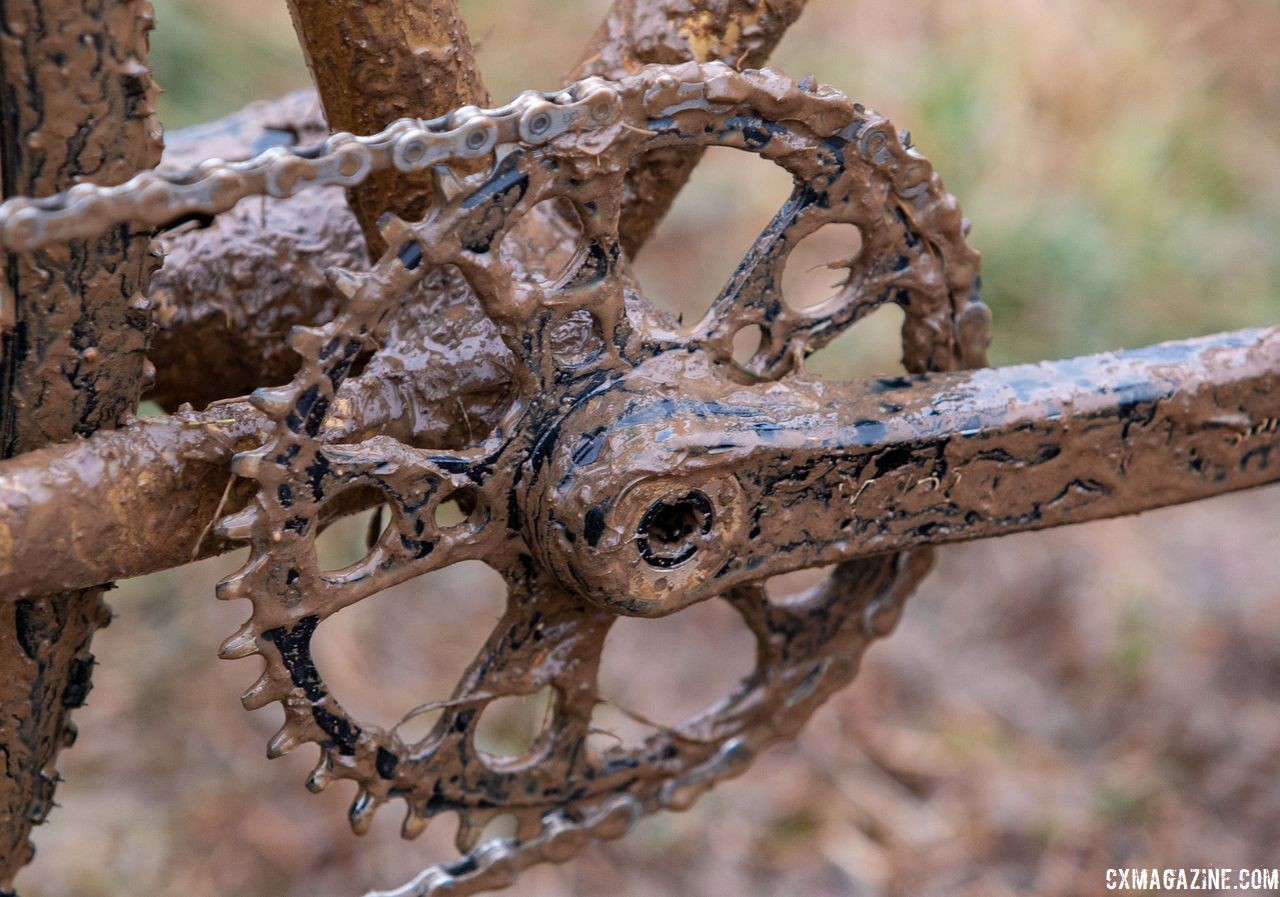 The White Industries M30 crank, as the name suggests, uses the M30 bottom bracket standard and is available in 1x and 2x configurations. Vida Lopez de San Roman's Sycip cyclocross bike. 2018 Cyclocross National Championships V2. Louisville, KY. © Cyclocross Magazine