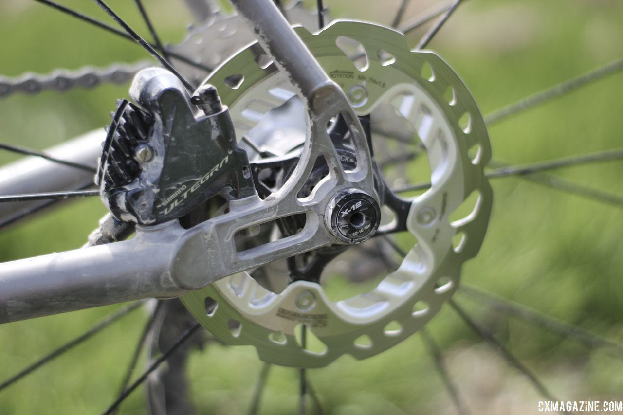 Legan used Ultegra calipers and IceTech Freeza RT99 rotors. Kristen Legan's Titanium Firefly Cyclocross/Gravel Bike. © Z. Schuster / Cyclocross Magazine