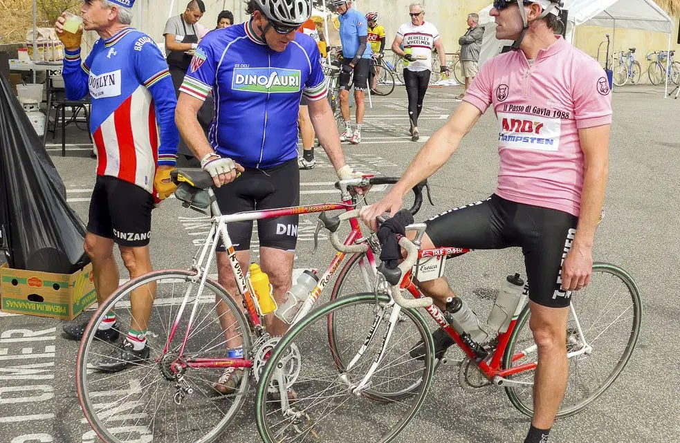 Andy Hamsten, riding the bike that he won the Giro on. When you're such a legend, you can skip the toe clips rule. L'Eroica 2016. © C. Lee / Cyclocross Magazine