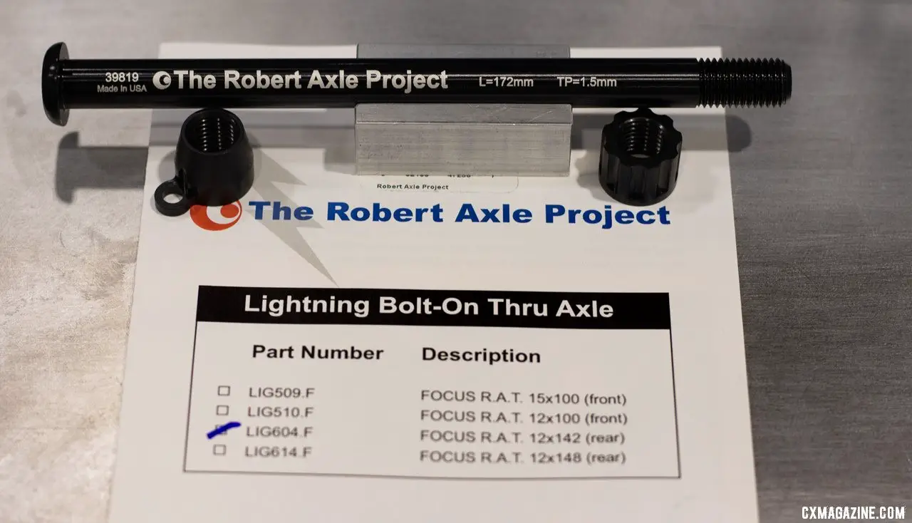 The Robert Axle Project sells a lot of replacement axles for the Focus R.A.T. system. The replacement axles save grams and make wheel retention simpler and therefore, for some, safer. 2019 NAHBS Sacramento. © A. Yee / Cyclocross Magazine