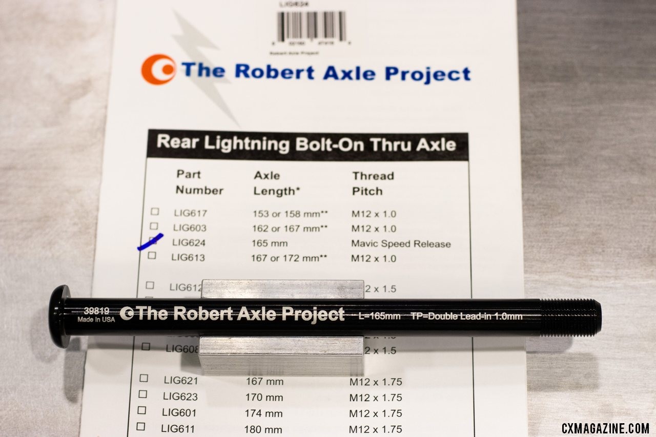 Not happy with the Mavic Speed Release system? Robert Axle Project has replacement thru axles that shed grams and simplify operation. 2019 NAHBS Sacramento. © A. Yee / Cyclocross Magazine