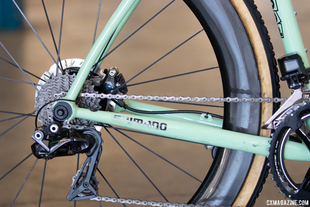 Andrew Juiliano relies on the non-clutch Dura-Ace Di2 rear derailleur, and switches between Shimano C60 and C40 tubulars. Rock Lobster team cyclocross bike. 2019 NAHBS Sacramento. © A. Yee / Cyclocross Magazine