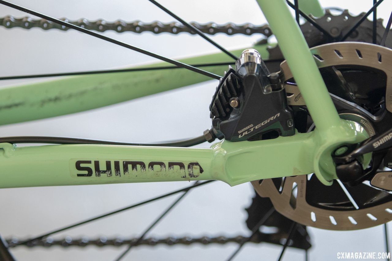 Sponsored by Shimano, Juiliano ran Ultegra disc brakes this season. Andrew Juiliano's Rock Lobster team cyclocross bike. 2019 NAHBS Sacramento. © A. Yee / Cyclocross Magazine