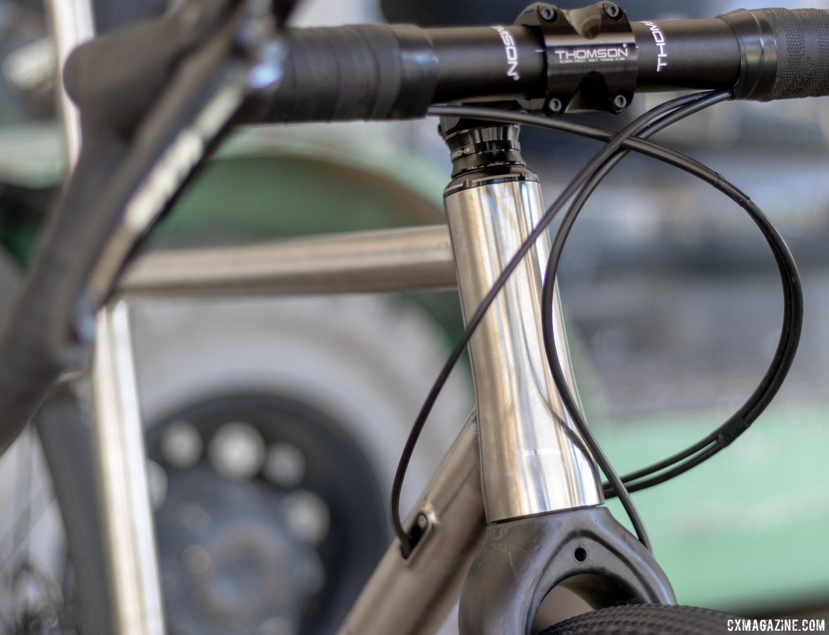 The titanium gravel bike prototype on display at NAHBS had a clean metallic look. Thomson's Taiwan-built titanium gravel bike is coming soon. 2019 NAHBS Sacramento. © A. Yee / Cyclocross Magazine