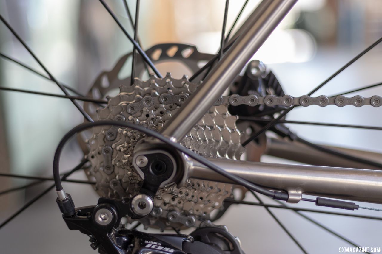 Derailleur cable routing is external along the chain stay. Thomson's Taiwan-built titanium gravel bike is coming soon. 2019 NAHBS Sacramento. © A. Yee / Cyclocross Magazine