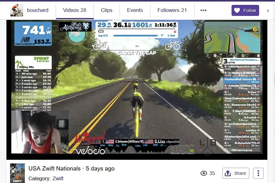 Want to watch Bouchard-Hall race? Check out his Twitch stream. 2019 U.S. Zwift Nationals. photo: Zwift live stream