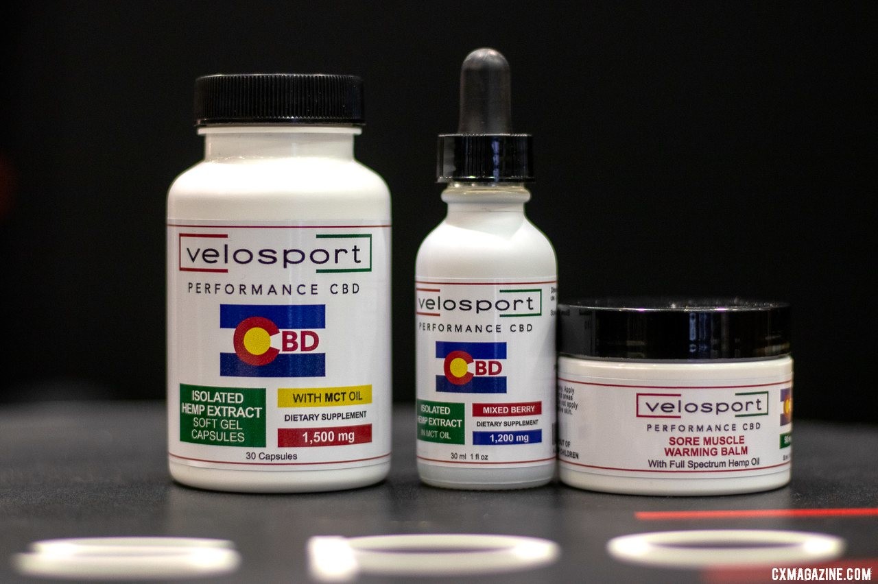 Velosport Imports now offers its own CBD products in the form of extract gel capsules, extract oil, and warming muscle balm. 2019 NAHBS Sacramento. © A. Yee / Cyclocross Magazine