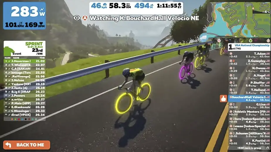 Bouchard-Hall took a flyer nearing the line at Zwift Nationals. He often does so in regular races as well. 2019 U.S. Zwift Nationals. photo: Zwift live stream