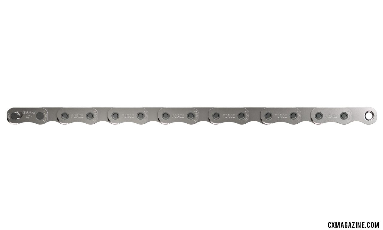 SRAM unveils its new Force eTap AXS component group. The FlatTop chain has solid pins, compared to Red's hollow pin model.