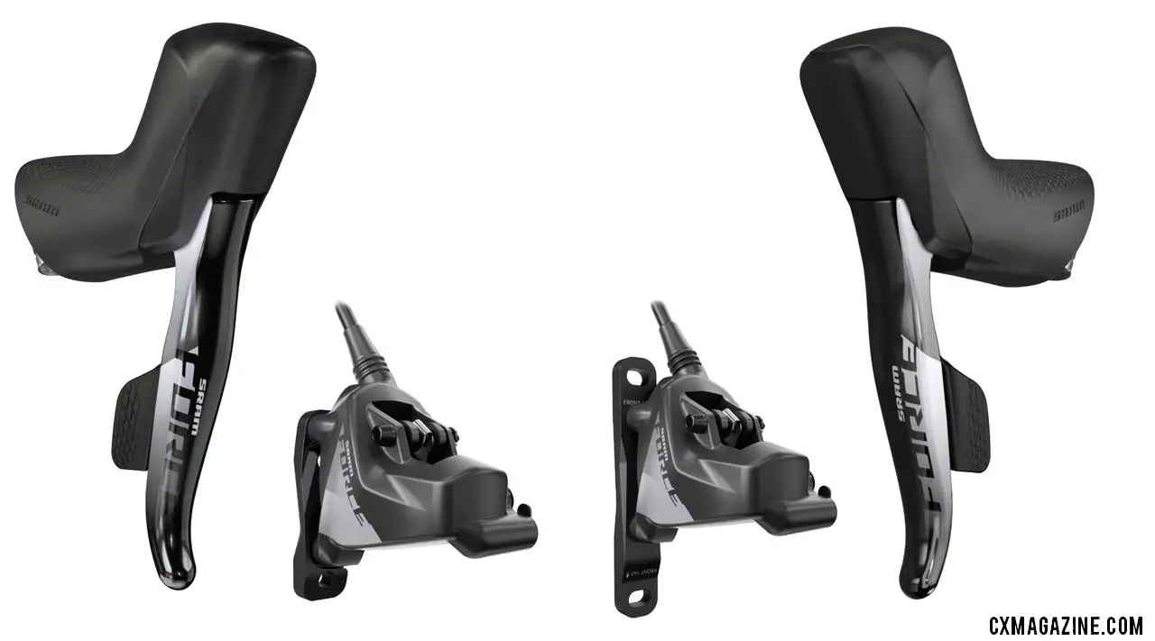 SRAM unveils its new Force eTap AXS component group. The disc brakes only come in flat mount but unlike the Red unit, the Force caliper is brand new for AXS, features two-piece construction and cleaner hose routing.