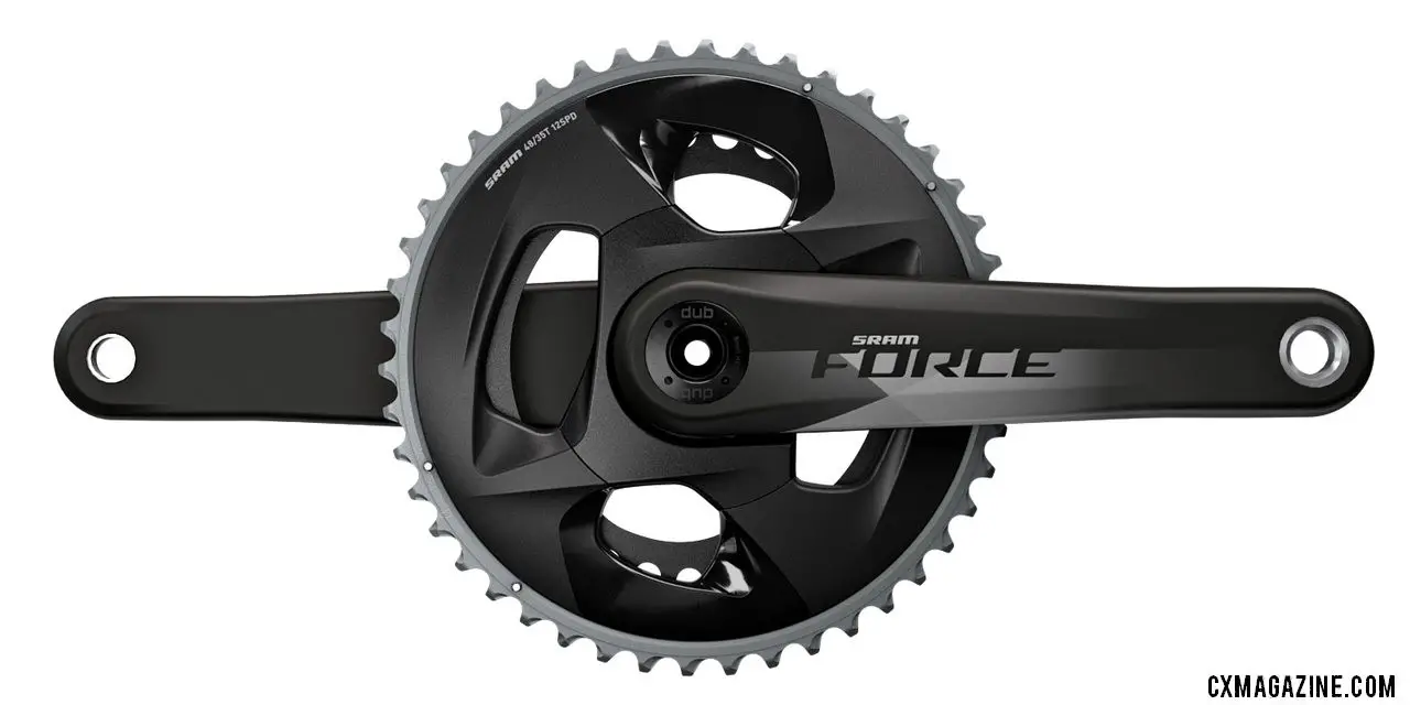 The SRAM Force eTap AXS crankset comes in 2x, 1x, and spider-based power meter options. Dual rings are separate rings, unlike Red's one-piece unit. SRAM unveils its new Force eTap AXS component group.