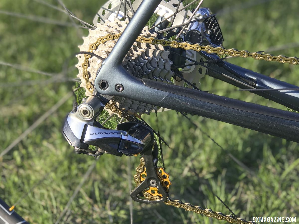 Bouchard-Hall gave the bike some flair with gold Kogel pulley wheels and a gold KMC X11SL-Ti chain. Kevin Bouchard-Hall's S-Works CruX Cyclogroad Bike, 2019 Rasputitsa Gravel Race. © K. Bouchard-Hall
