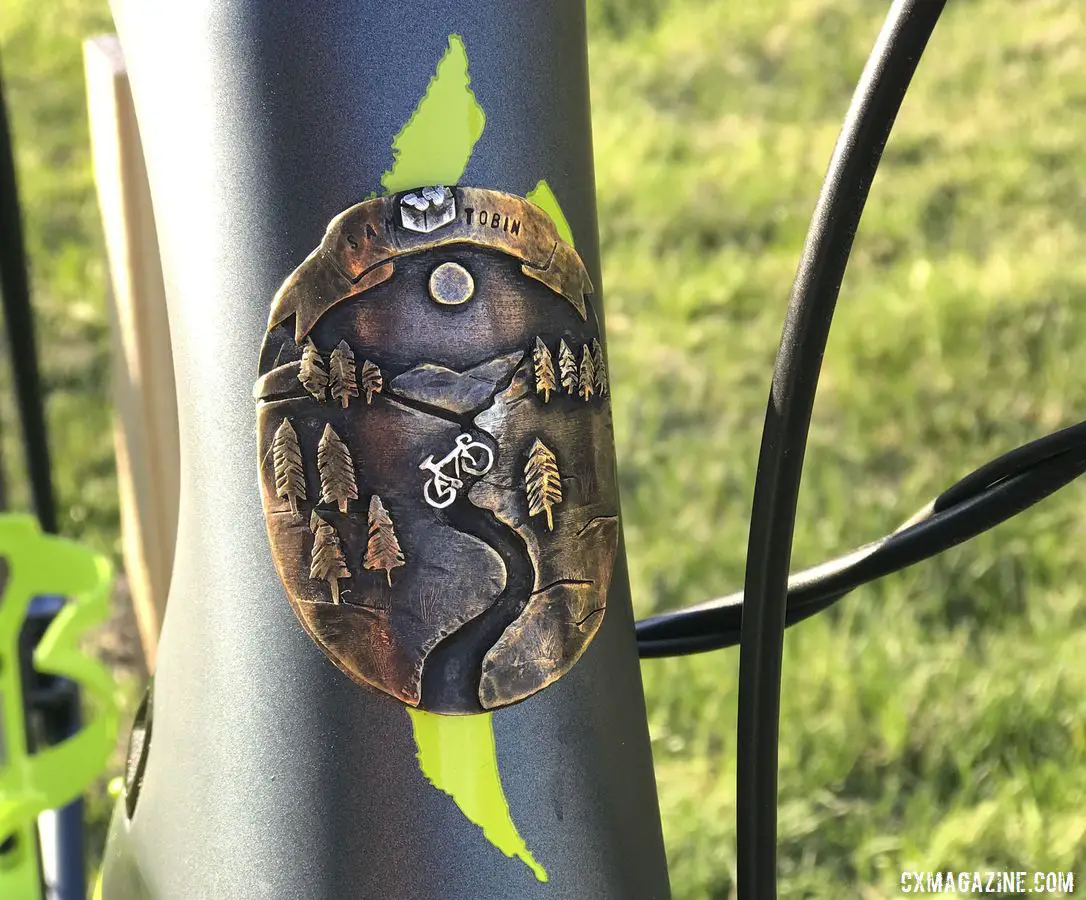 Rhys May made the custom headbadge. Kevin Bouchard-Hall's S-Works CruX Cyclogroad Bike, 2019 Rasputitsa Gravel Race. © K. Bouchard-Hall