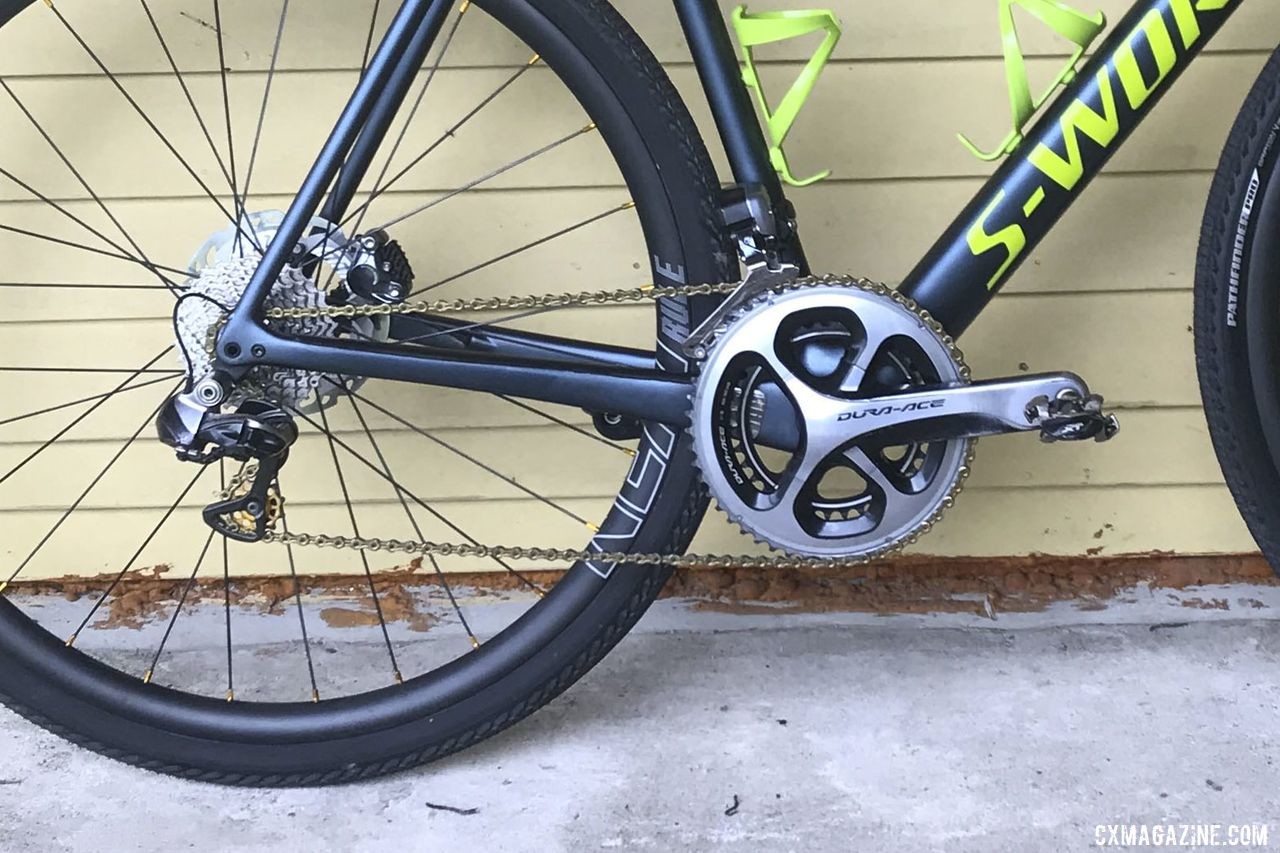 KBH opted for a Dura-Ace R9000 crankset with a Stages power meter and 52/36t chain rings. In the rear, he ran an 11-30t cassette. Kevin Bouchard-Hall's S-Works CruX Cyclogroad Bike, 2019 Rasputitsa Gravel Race. © K. Bouchard-Hall
