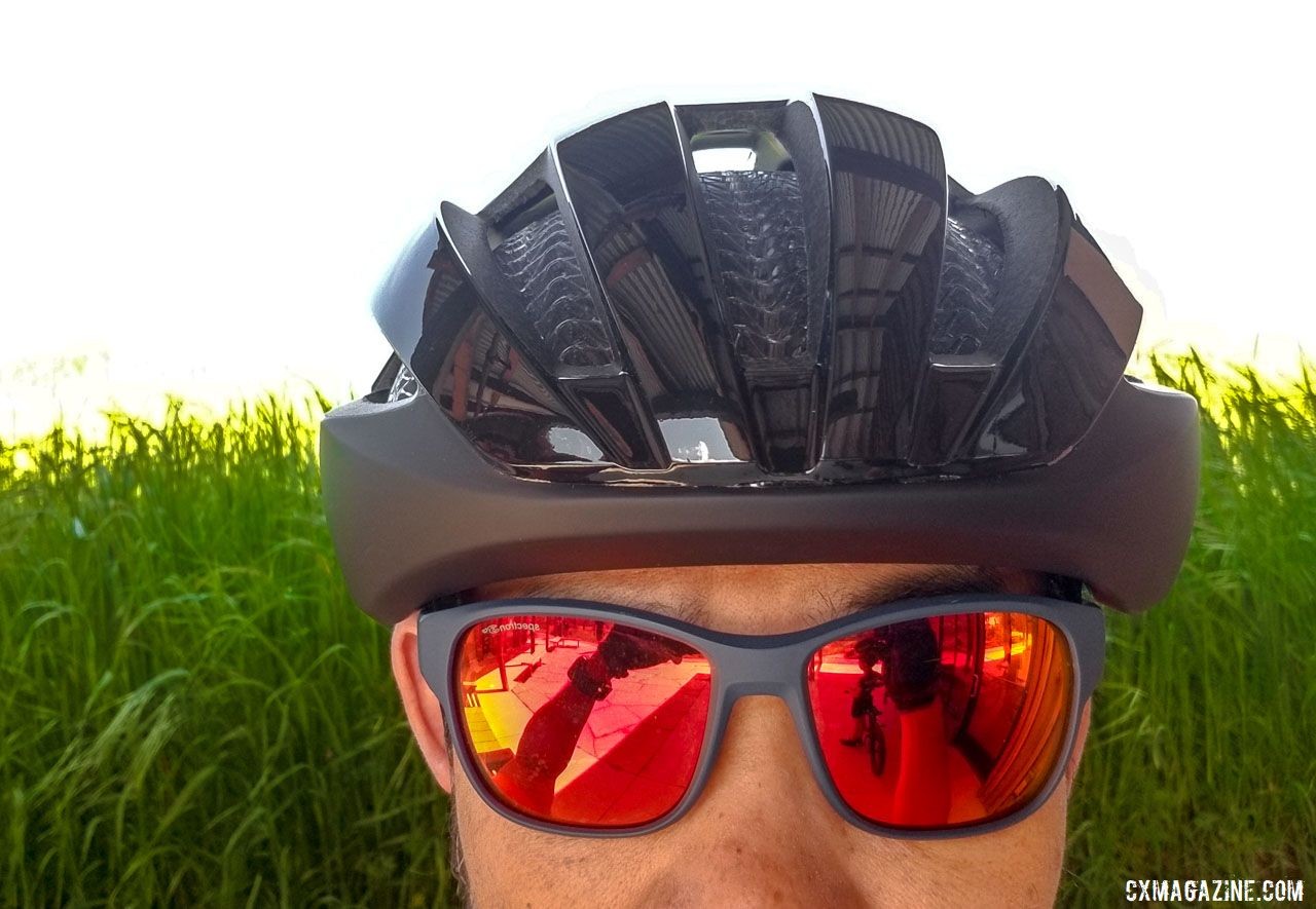 The $149 Bontrager WaveCel Specter helmet has a medium profile and comprehensive coverage, but the sides can interfere with your shades. © Cyclocross Magazine