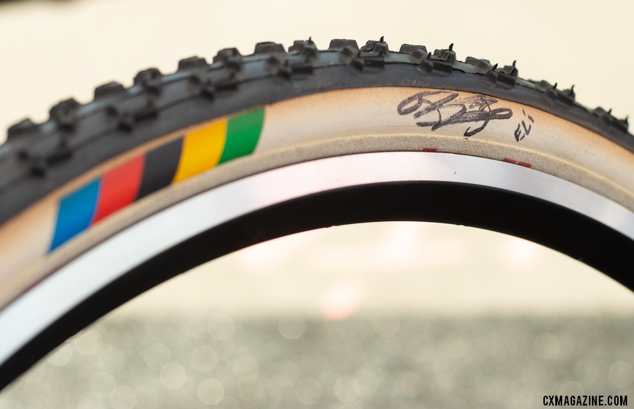 Challenge Tires was showing off one if its cyclocross World Championship-winning tires, autographed by one of 2018 champs, Eli Iserbyt. 2019 Sea Otter Classic. © A. Yee / Cyclocross Magazine