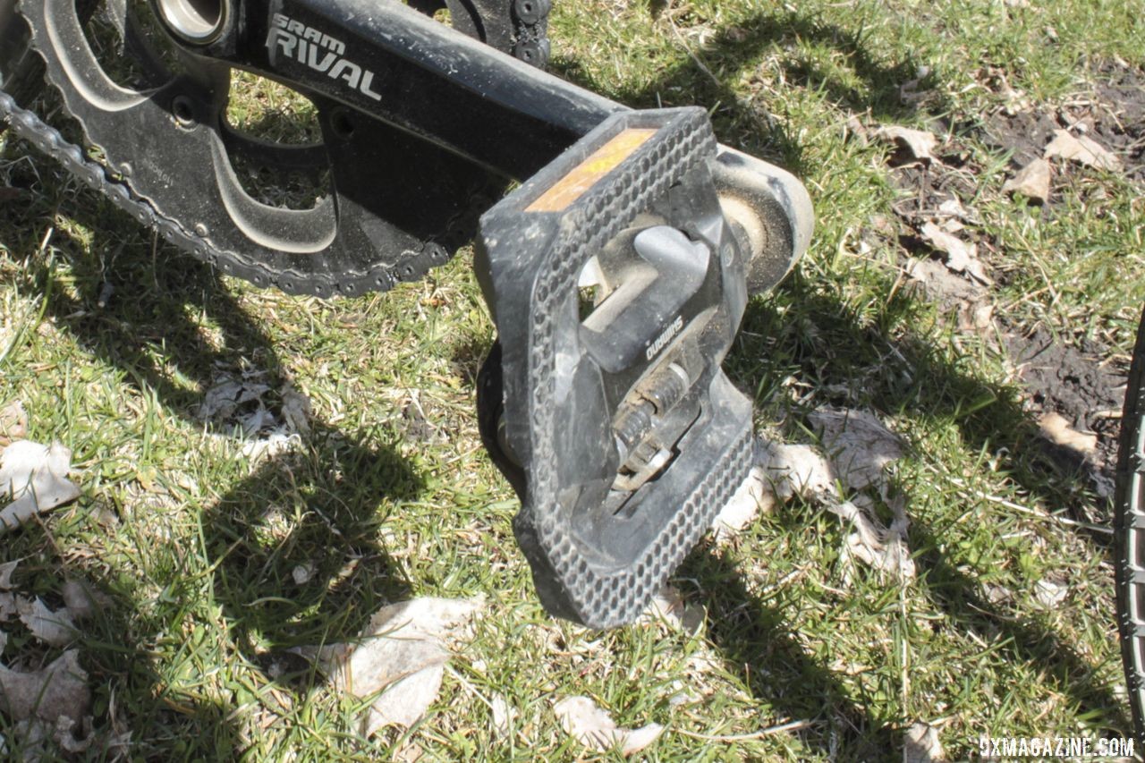 Shimano Click'r pedals provide the utility of a platform pedal as well as the option to clip in. Nikola Perego's Horse Gravel Bike, 2019 Barry-Roubaix. © B. Grant / Cyclocross Magazine