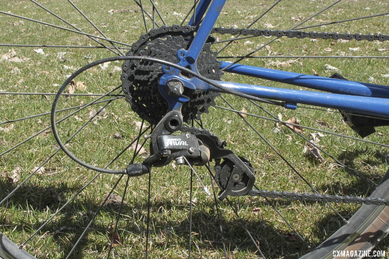 Curiously, Perego's bike featured a short cage derailleur, limiting him to a 28t cog in the back. Nikola Perego's Horse Gravel Bike, 2019 Barry-Roubaix. © B. Grant / Cyclocross Magazine