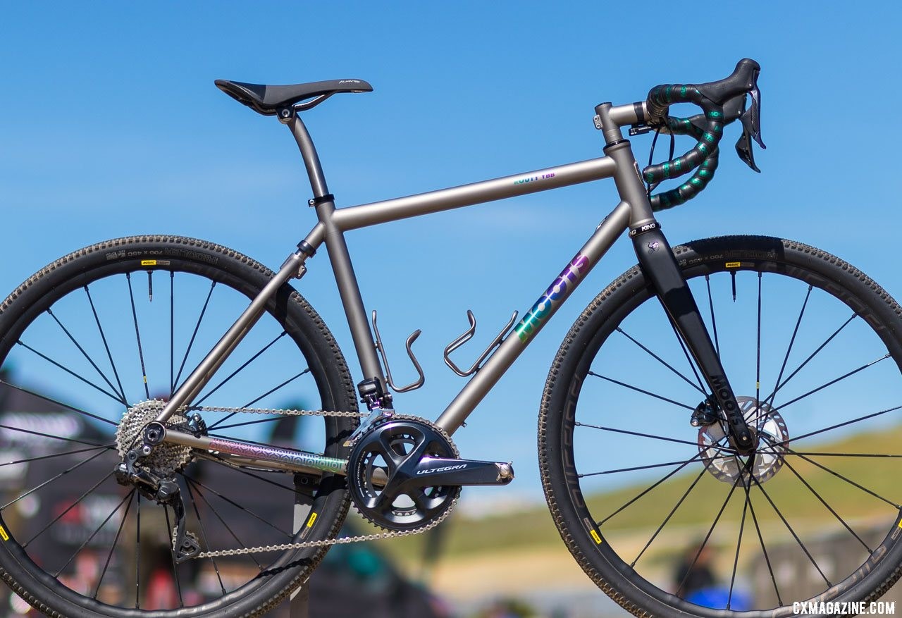 The new Moots titanium Routt YBB brings the softtail micro-suspension to gravel 2019 Sea Otter Classic. © A. Yee / Cyclocross Magazine