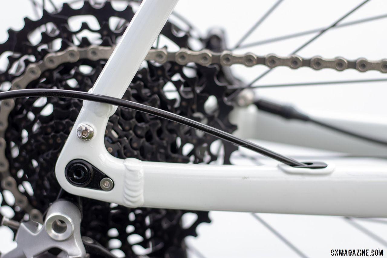 Clean, minimalist dropouts, internal routing and fender mounts offer versatility and foul weather protection. Noble cyclocross and gravel bikes. 2019 Sea Otter Classic. © A. Yee / Cyclocross Magazine