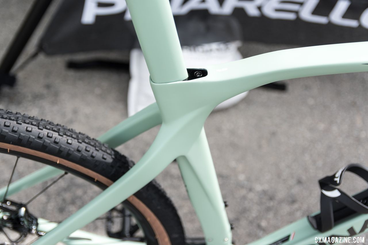 The seatstays on the Grevil are asymmetric and the tubes are ineresting and complicated. Pinarello Grevil Gravel Bike, 2019 Sea Otter Classic. © C. Lee / Cyclocross Magazine