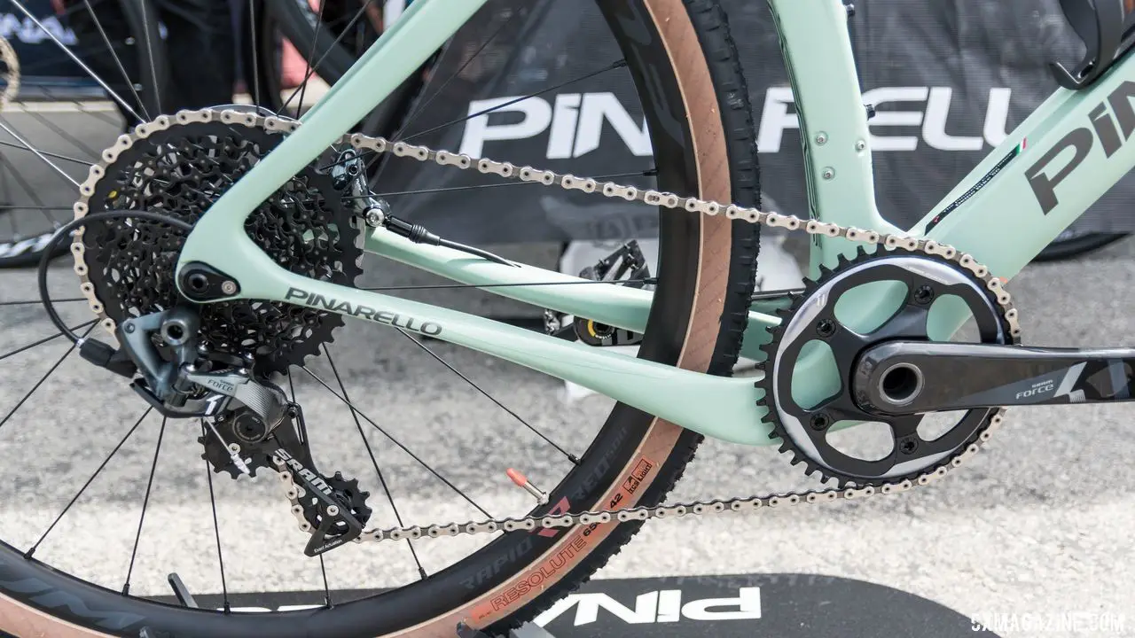 Like a large number of gravel bikes, the Grevil has a dropped chainstay for tire and chain ring clearance. Pinarello Grevil Gravel Bike, 2019 Sea Otter Classic. © C. Lee / Cyclocross Magazine