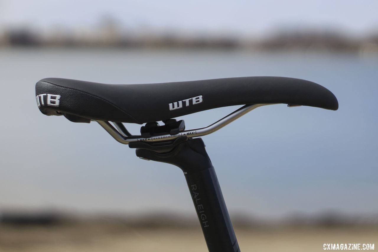 A 20mm setback Raleigh seatpost holds the WTB Volt saddle. Raleigh Tamland 1 Steel Gravel Bike. © Z. Schuster / Cyclocross Magazine