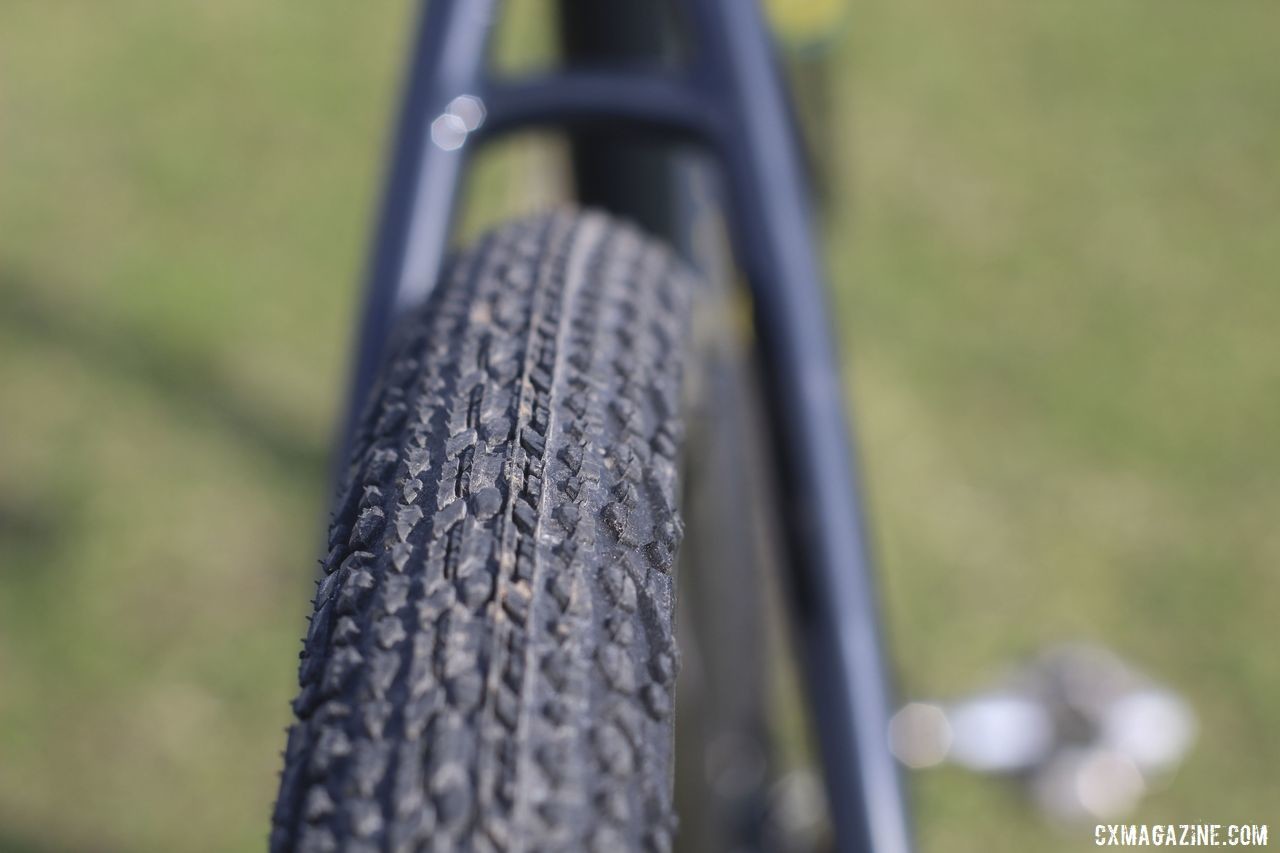 The Donnelly X-Plot MSO tread is a low-profile, fast-rolling gravel tire. Raleigh Tamland 1 Steel Gravel Bike. © Z. Schuster / Cyclocross Magazine