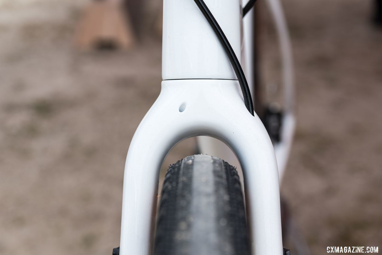 Fork clearance on Warroad with 650b x 47mm tire. The other hole is for a dynamo wire. Salsa Warroad and Journeyman Gravel Bikes, 2019 Sea Otter Classic. © C. Lee / Cyclocross Magazine