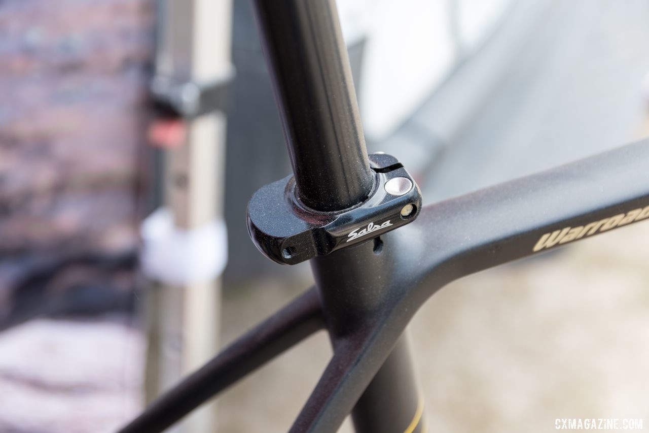 The Warroad uses a Racklock seat collar for the upper rack mount. Salsa Warroad and Journeyman Gravel Bikes, 2019 Sea Otter Classic. © C. Lee / Cyclocross Magazine