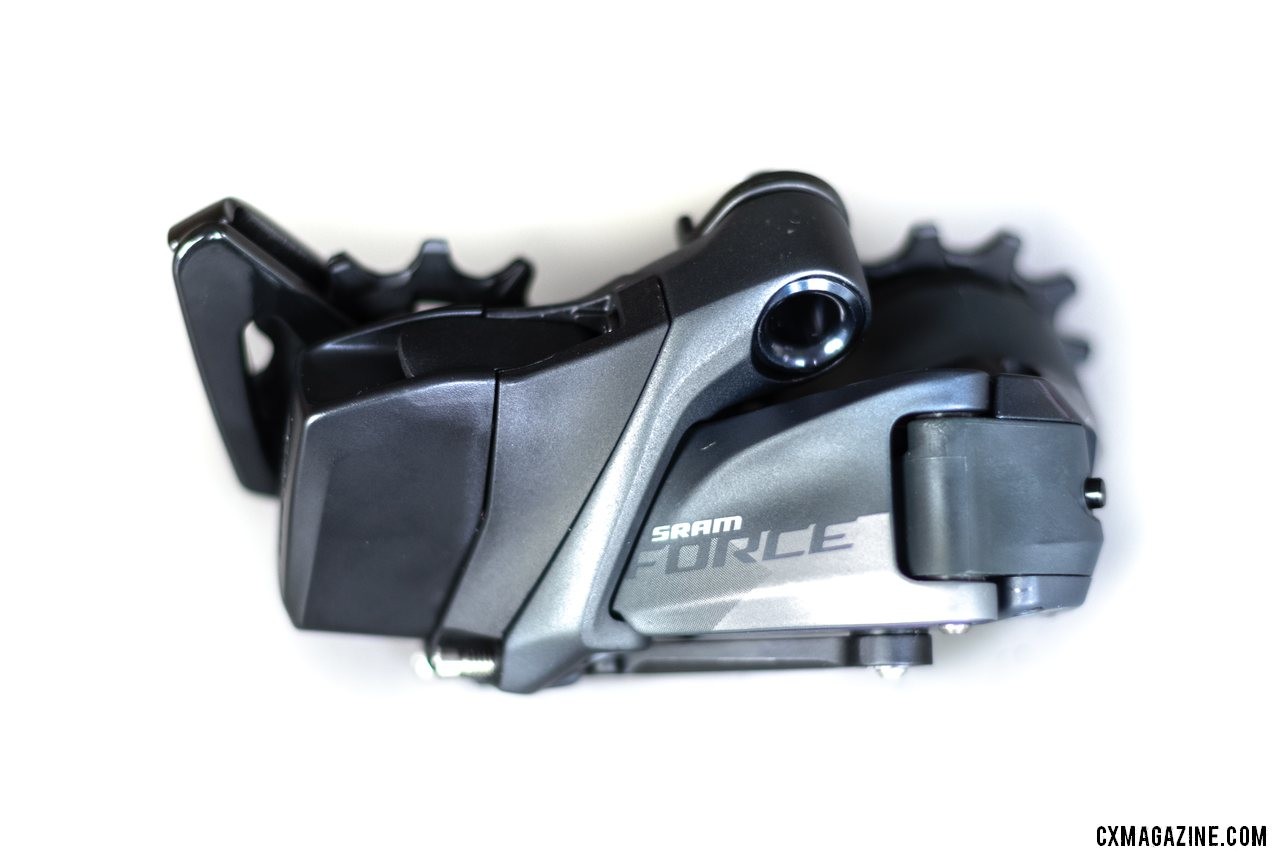 SRAM's new Force eTap AXS rear derailleur features loses Red's ceramic bearing pulleys and carbon cage. © A. Yee / Cyclocross Magazine