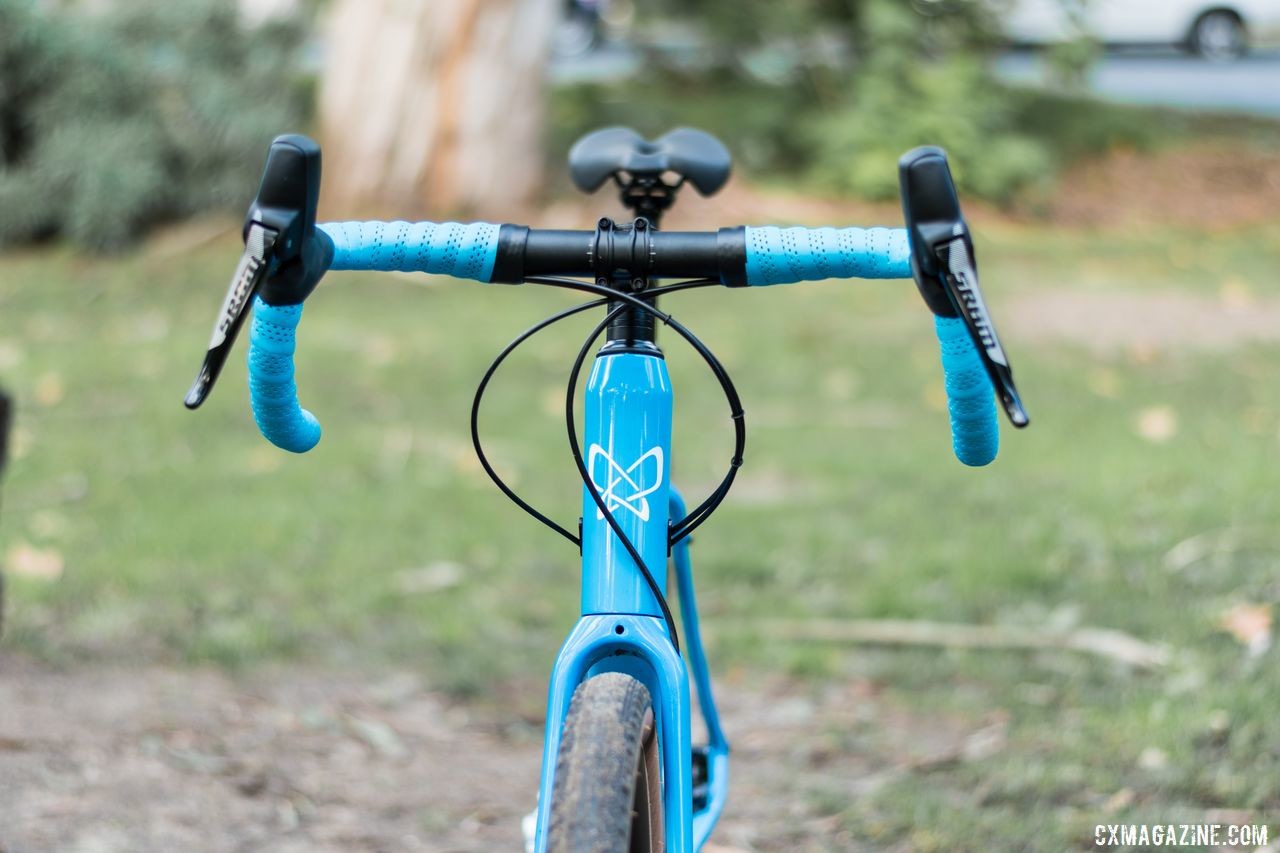 Our bike's 42cm handlebar is slightly flared and the left shifter is set up to control the dropper post. Thesis OB-1 Do-It-All Carbon Bike. © C. Lee / Cyclocross Magazine