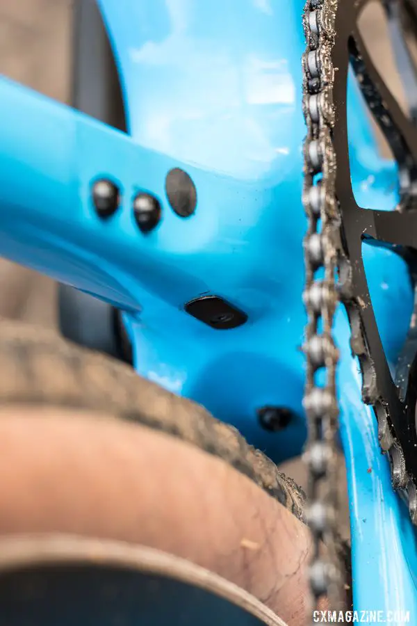 The exit for the front derailleur cable on back of seat tube. Note fender mount behind bottom bracket that is tight with the present tire. Thesis OB-1 Do-It-All Carbon Bike. © C. Lee / Cyclocross Magazine