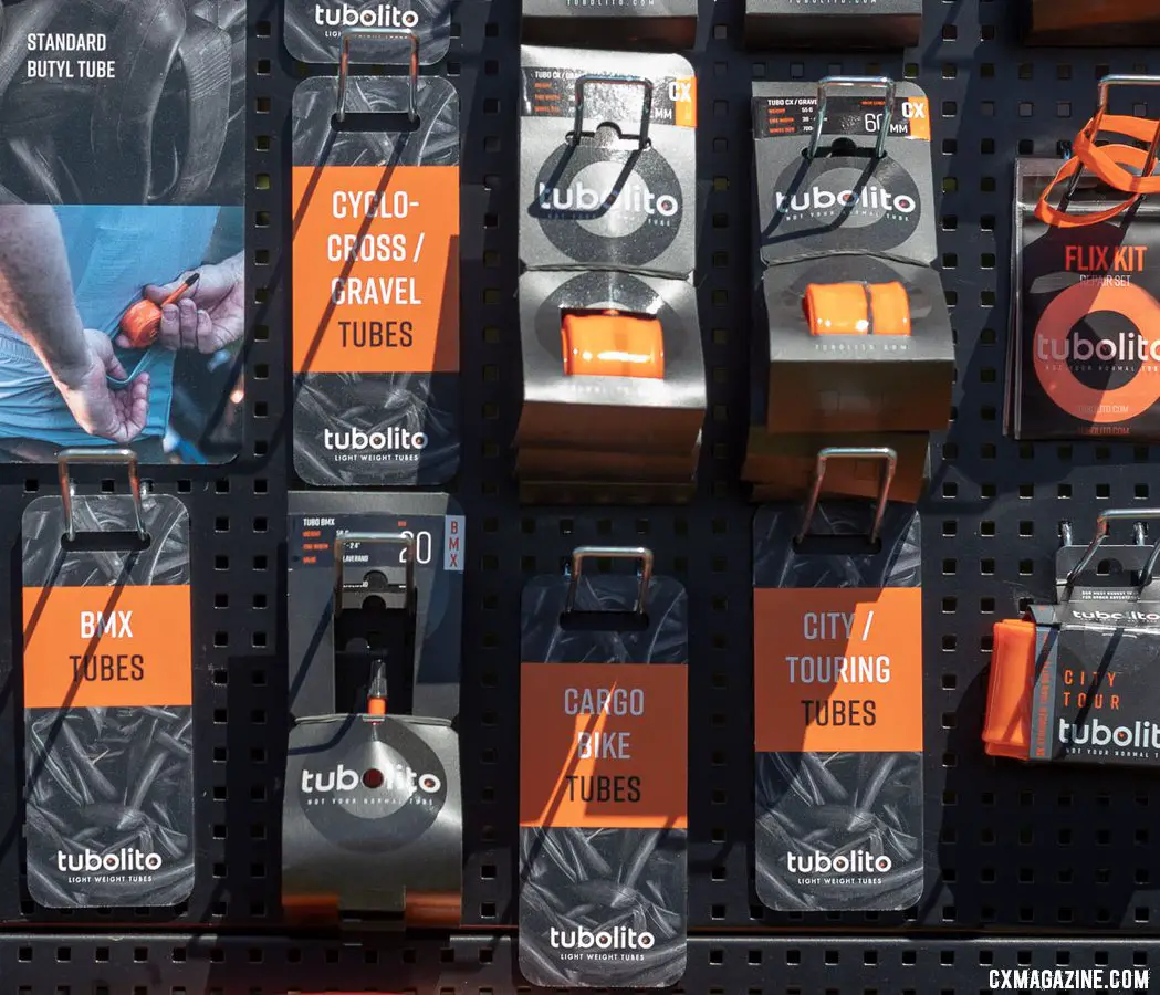 The Tubolito tubes start at $25, pack small, can weigh 80% less than butyl, and are said to offer more puncture and pinch protection. They come in many sizes, including cyclocross and gravel good for 30mm to 40mm wide tires. 2019 Sea Otter Classic. © A. Yee / Cyclocross Magazine