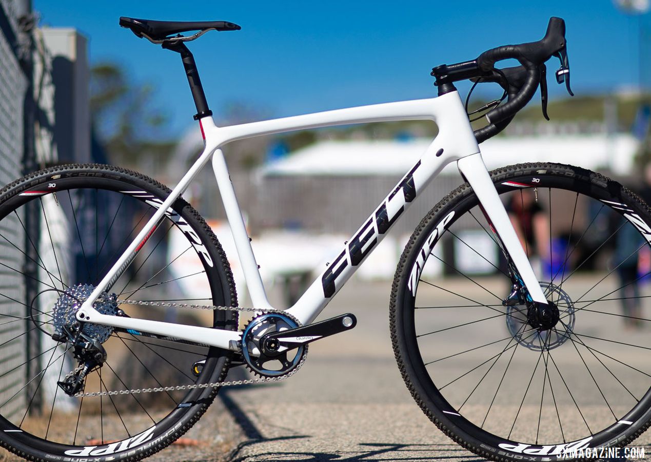 The 2020 Felt Fx | Advanced+ | Force Cx1 cyclocross bike features in white is similar to the white frame Wout van Aert used, but with red and blue accents. The company offers its flagship lighter FRD frame with UHC Extreme carbon as a frameset only. 2019 Sea Otter Classic. © A. Yee / Cyclocross Magazine