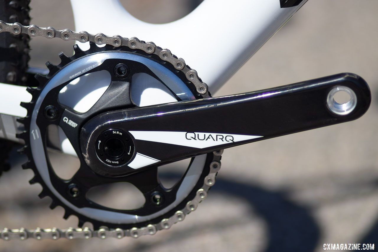 The 2020 Felt Fx | Advanced+ | Force Cx1 cyclocross bike keeps the power meter-ready Quarq 1x crankset with a 38t X-Sync ring. Felt uses a 386 Evo bottom bracket shell. 2019 Sea Otter Classic. © A. Yee / Cyclocross Magazine