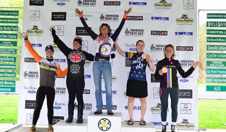 Women’s series podium: Ruth Sherman, Anne August and Emily Flynn are top 3. 2019 Hills of High-Tor Gravel Race, New York. © Anne Pellerin