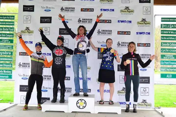 Women's series podium: Ruth Sherman, Anne August and Emily Flynn are top 3. 2019 Hills of HighTor Gravel Race, New York. © Anne Pellerin