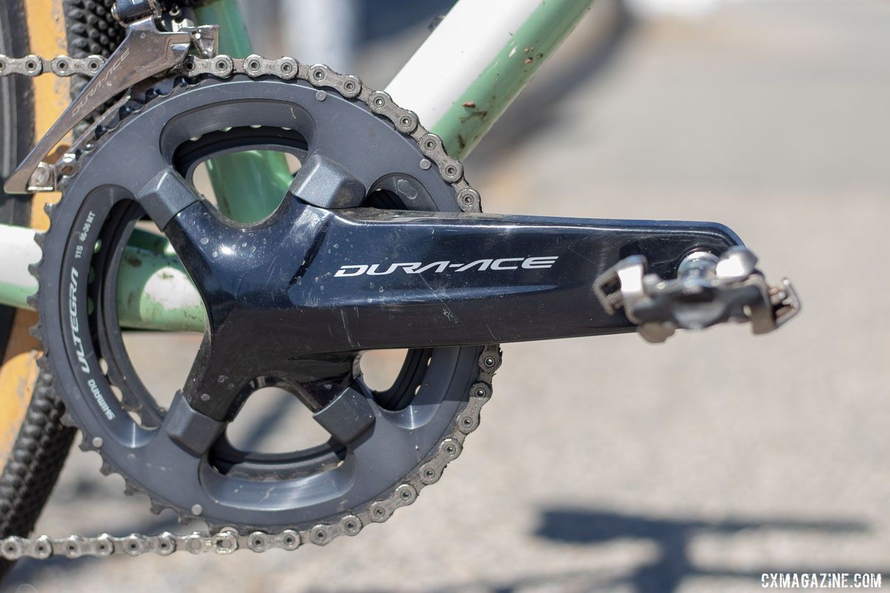 Dura-Ace has no official option for cyclocross chainrings, so Bradford retrofitted Ultegra 6800 chainrings. Aaron Bradford's Rock Lobster team cyclocross bike. 2019 Sea Otter Classic. © A. Yee / Cyclocross Magazine