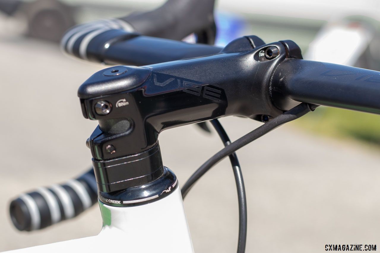 PRO's Vibe stem and accompanying spacers feature teardrop shaping, which looks somewhat out of place with the round Cane Creek headset cap. Aaron Bradford's Rock Lobster team cyclocross bike. 2019 Sea Otter Classic. © A. Yee / Cyclocross Magazine