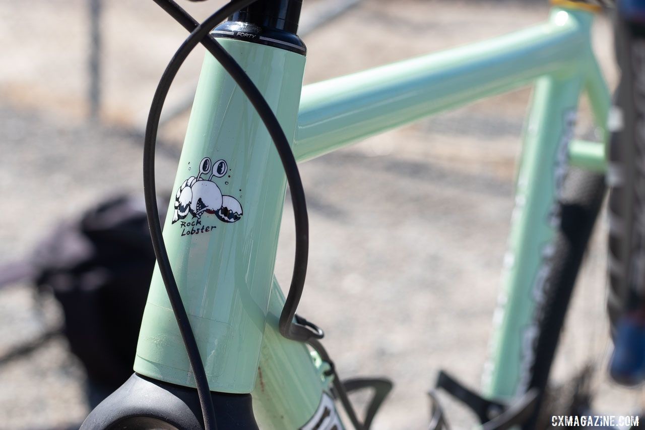 The Di2 cable is heat-shrunk to the rear brake hose to keep the front end clean. Aaron Bradford's Rock Lobster team cyclocross bike. 2019 Sea Otter Classic. © A. Yee / Cyclocross Magazine