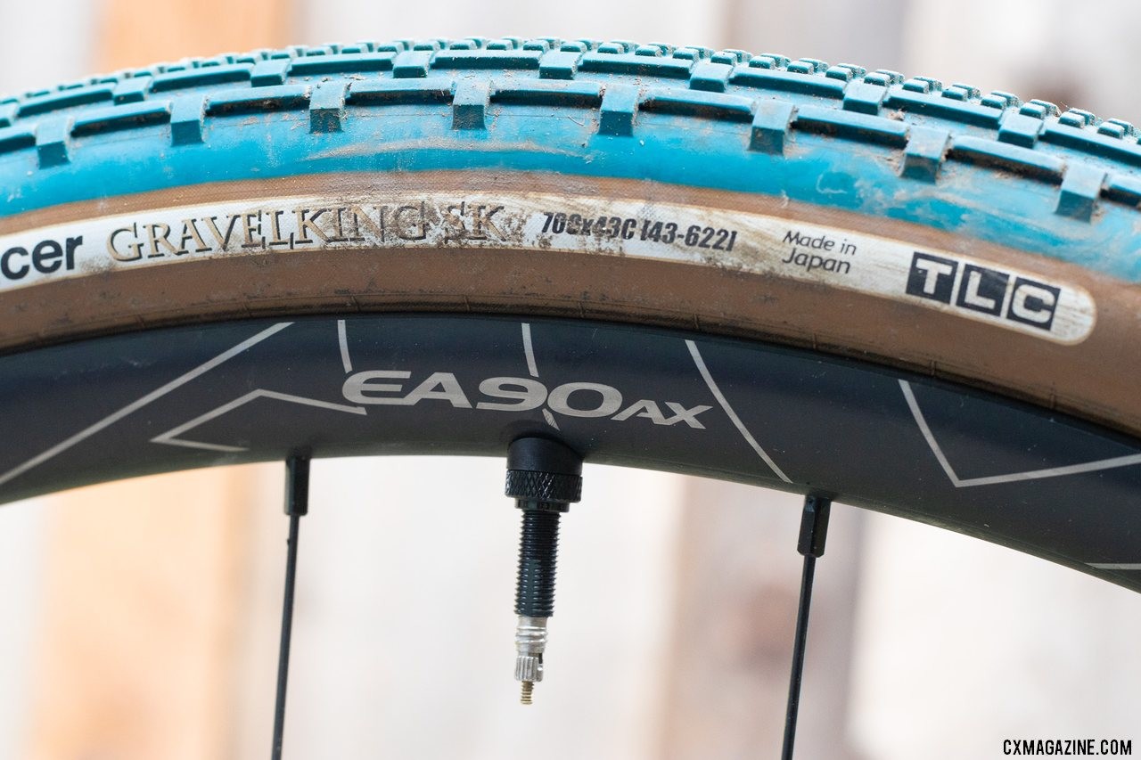 The 25mm internal width helps gravel tires inflate to list size or greater. The 43mm GravelKing measured at 43.3mm at 35 psi. Easton's new EA90AX tubeless disc brake wheels. © Cyclocross Magazine