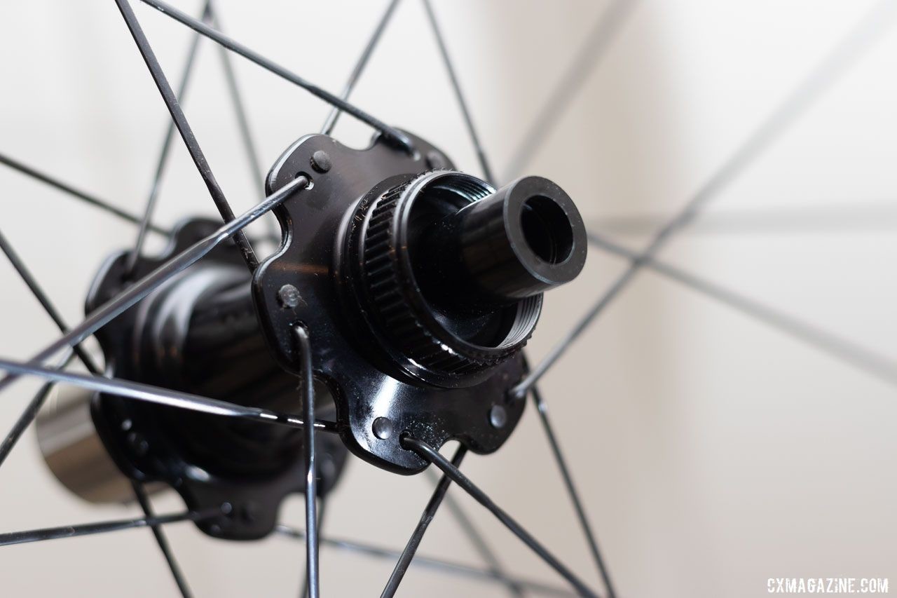 ENVE's new 25mm-wide SES 3.4 AR aero road wheelset comes stock with ENVE alloy hubs, J-bend bladed spokes and Centerlock rotor mounts. 2019 Sea Otter Classic. © A. Yee / Cyclocross Magazine