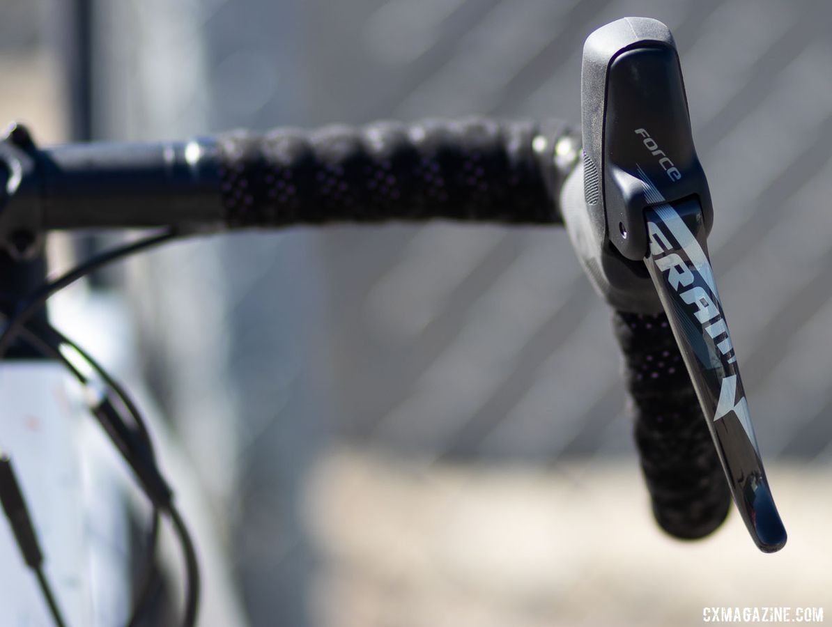 The 2020 Felt Breed gravel bike pairs Force 1 with a bit of flare from the house brand Devox Gravel Race SL bar. 2019 Sea Otter Classic. © A. Yee / Cyclocross Magazine