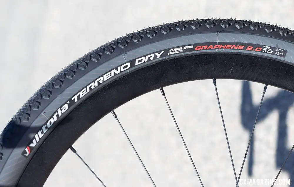 The 2020 Felt Breed Force 1 gravel bike swapped WTB Byway tires for a few more knobs on the Vittoria Terreno Dry rubber. 2019 Sea Otter Classic. © A. Yee / Cyclocross Magazine